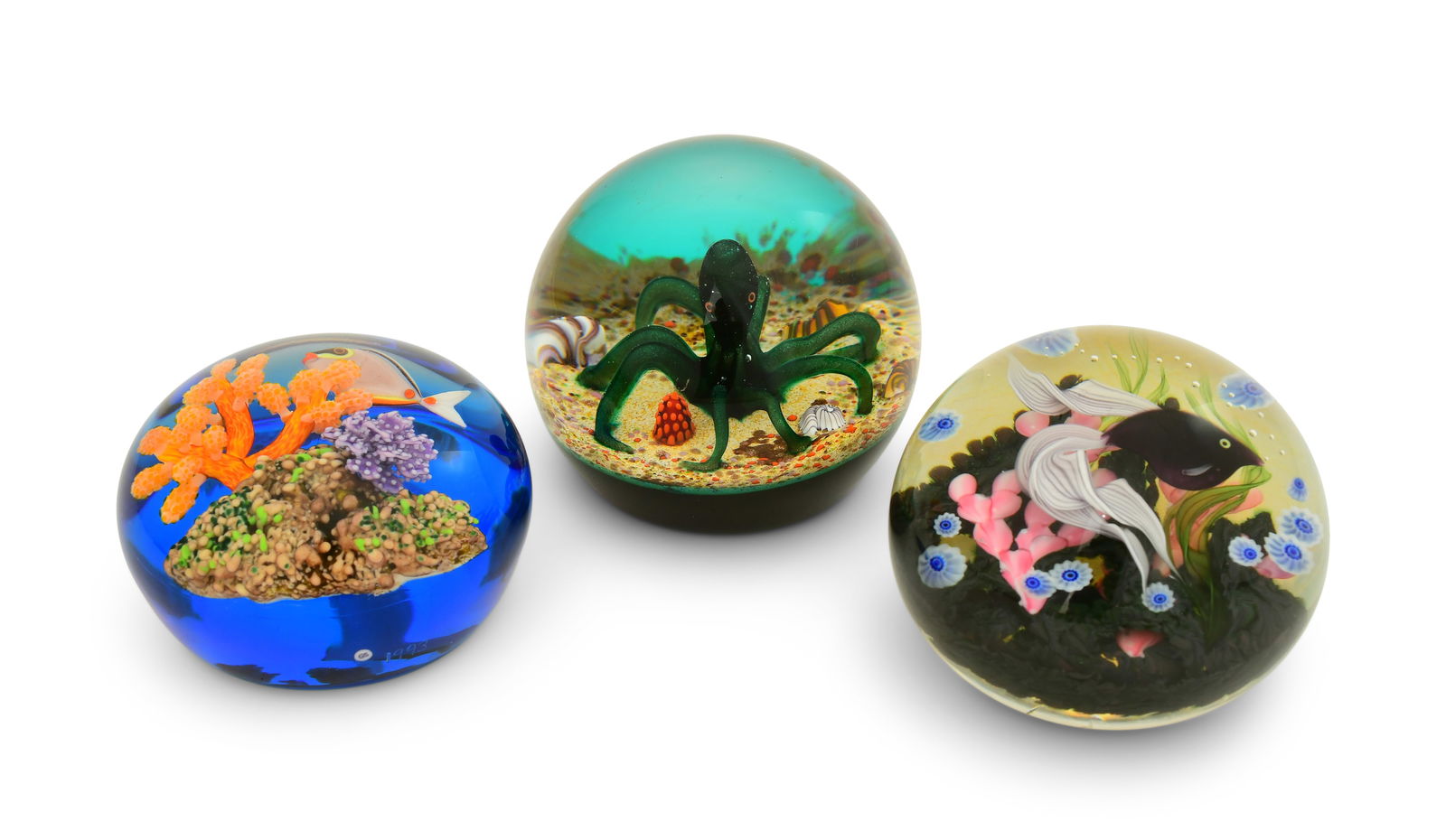 Three Art Glass Paperweights, Gordon Smith "Clown Unicornfish," William Manson "Octopus" and a (1 of 10)