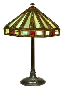 Bradley & Hubbard Overlay Table Lamp: Bradley & Hubbard Mfg. Co.(Meriden, CT, 1852-1940)Overlay Table Lampearly 20th centuryslag glass, patinated metalunmarked20 1/2 x 14 1/2 inchesProvenance: The Harold F. Wright Estate, McPherso