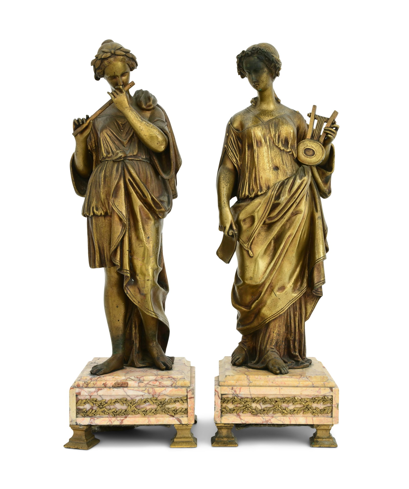 Two French Gilt Bronze Sculptures of Classical Women: Two French Gilt Bronze Sculptures of Classical Women late 19th century each surmounted on marble bases, unsigned 19 x 6 x 6 inches
