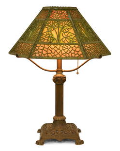 Bradley & Hubbard, Edward Miller & Co., Overlay Table Lamp: Bradley & Hubbard and Edward Miller & Co.Overlay Table Lampearly 20th centuryslag glass, patinated metalbase marked "E.M. & Co., 850"shade with "Murano" paper label19 1/2 x 15 x 13