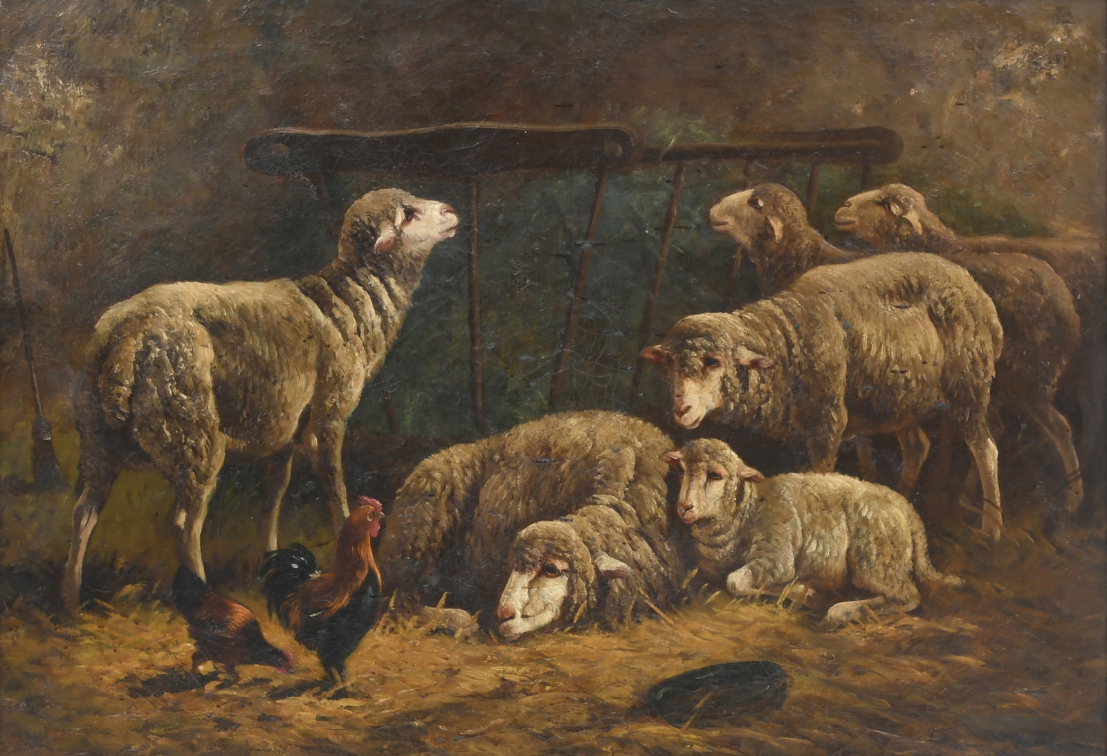 19th Century Barn Interior with Sheep, Oil on Canvas: 19th Century Barn Interior with Sheep, Oil on Canvas 24 5/8 x 35 1/8 inches (sight) 35 1/2 x 46 inches (frame)
