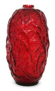 René Lalique "Ronces" Vase: René Lalique(French, 1860-1945)"Ronces" Vasefrosted red glassengraved "R. Lalique, France"8 3/4 x 4 3/4 inchesOther Notes: Fontaine's Auction Gallery can arrange shipping fo