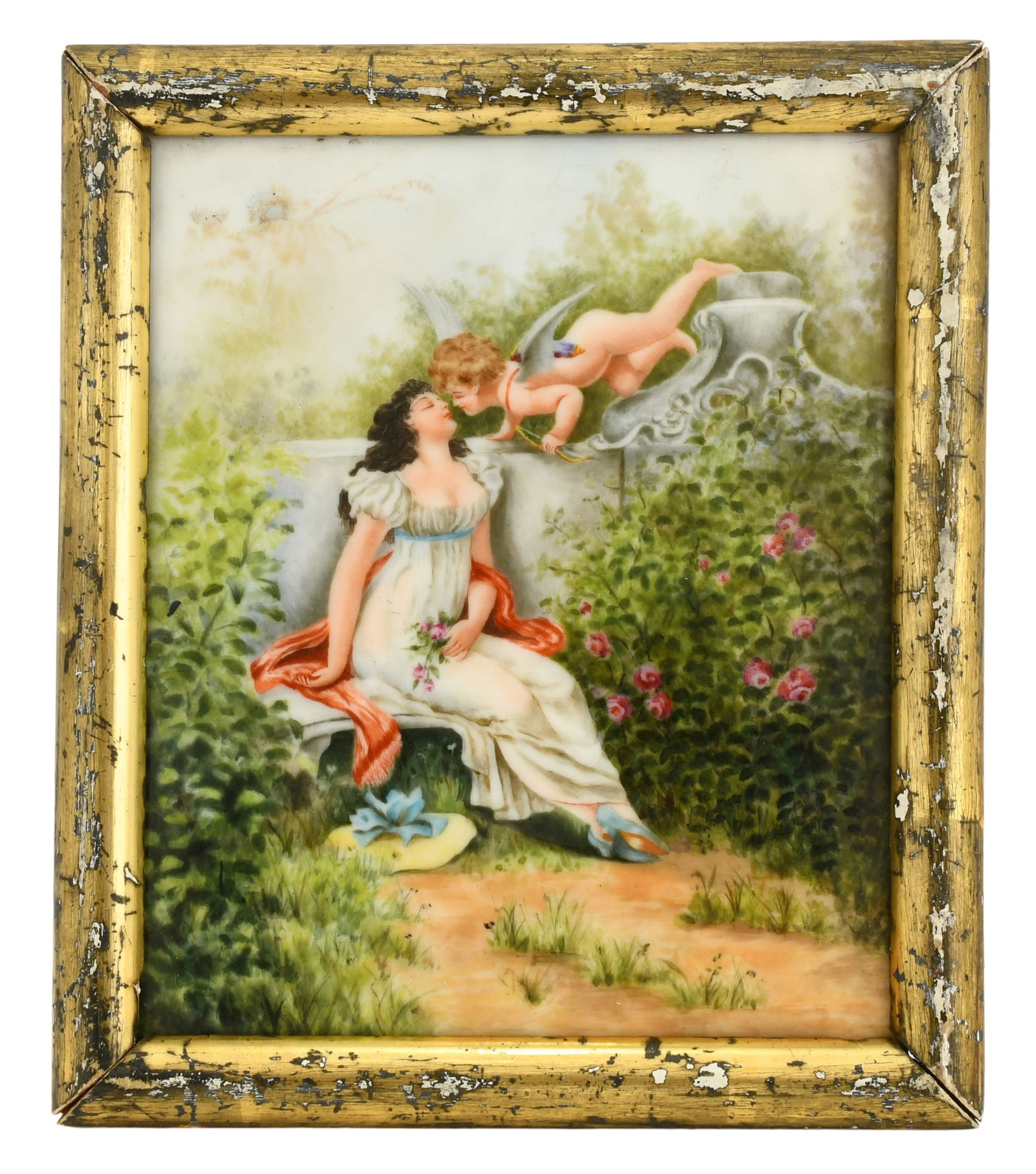 German Porcelain Plaque of a Woman & Cherub in a Garden (1 of 3)