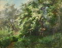 Late 19th Century Garden Landscape with Bench, Oil on Canvas