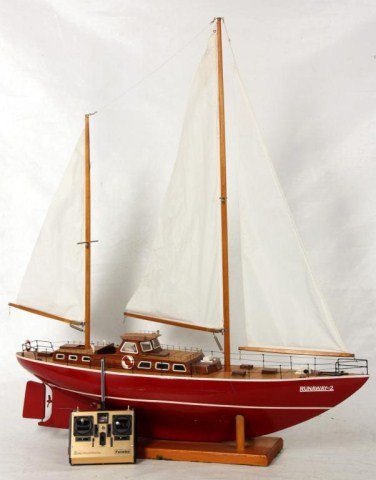 Remote Control Ocean Going Sail Boat: Remote Control Ocean Going Sail Boat. Line of sight Futaba brand remote control, FG Series; sound effects include fog horn, klaxon horn & engine noise. Forward & reverse auxiliary engine, separated ru
