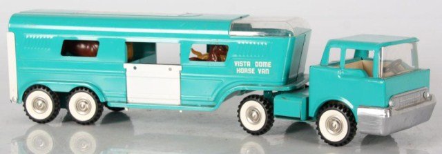 Vista Dome Horse Van Toy: Vista Dome Horse Van Toy. 2 Part truck with trailer, has nice original turquoise paint, and plastic horse figures. 6 in. high x 22 in. x 5.5 in.