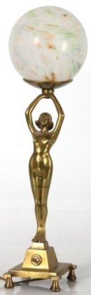 Nouveau Figural Brass Lamp: Nouveau Figural Brass Lamp. Standing figure of a woman on a stepped pyramidal base, above her head she holds the spherical glass globe. A single light fixture; base is stamped – Registered. 22 in. h