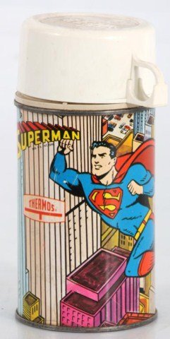 Vintage Superman Thermos: Vintage Superman Thermos. 8 oz. Model with decorated Superman theme, 1967 National Periodical Publications copyright, model no. 2892. Shows some typical age, no chips or cracks, 6.5 in. high.