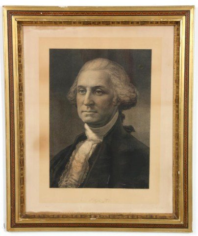 George Washington Engraving: George Washington Engraving. Painted and engraved by Wm. E. Marshall from the original cast from life by Houdon 1785; Copyright 1876 by Oscar Marshall, NY. in an inlaid aesthetic frame. Some staining 