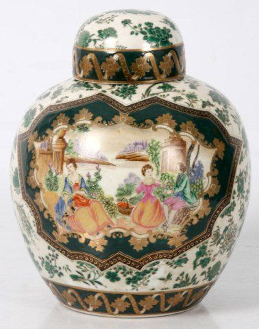 Lg. Bulbous Green Ginger Jar: Lg. Bulbous Green Ginger Jar. Has decorative borders and scenic panels, domical lid; mark on base resembles Qainlong 6 character seal mark. No chips or cracks. 12.5 in. high x 10 in. dia.