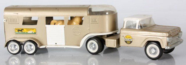 Nylint Toy Horse Van: Nylint Toy Horse Van. Model No. 6300, and old Ford truck with horse trailer in gold and white paint with original decals. 6.5 in. high x 23.5 x 5.5 in.