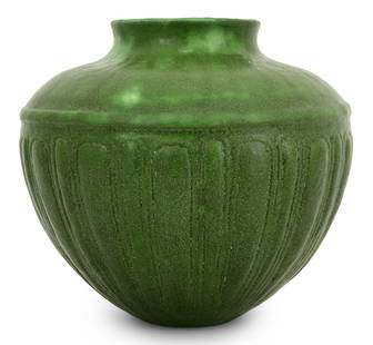 Grueby Faience Company Vase: Grueby Faience Company(Boston, MA, 1894-1911)Vasecirca 1900-1910glazed earthenwaresigned with circular stamp, artist initials9 x 9 inchesOther Notes: Fontaine's Auction Gallery can arrange shi