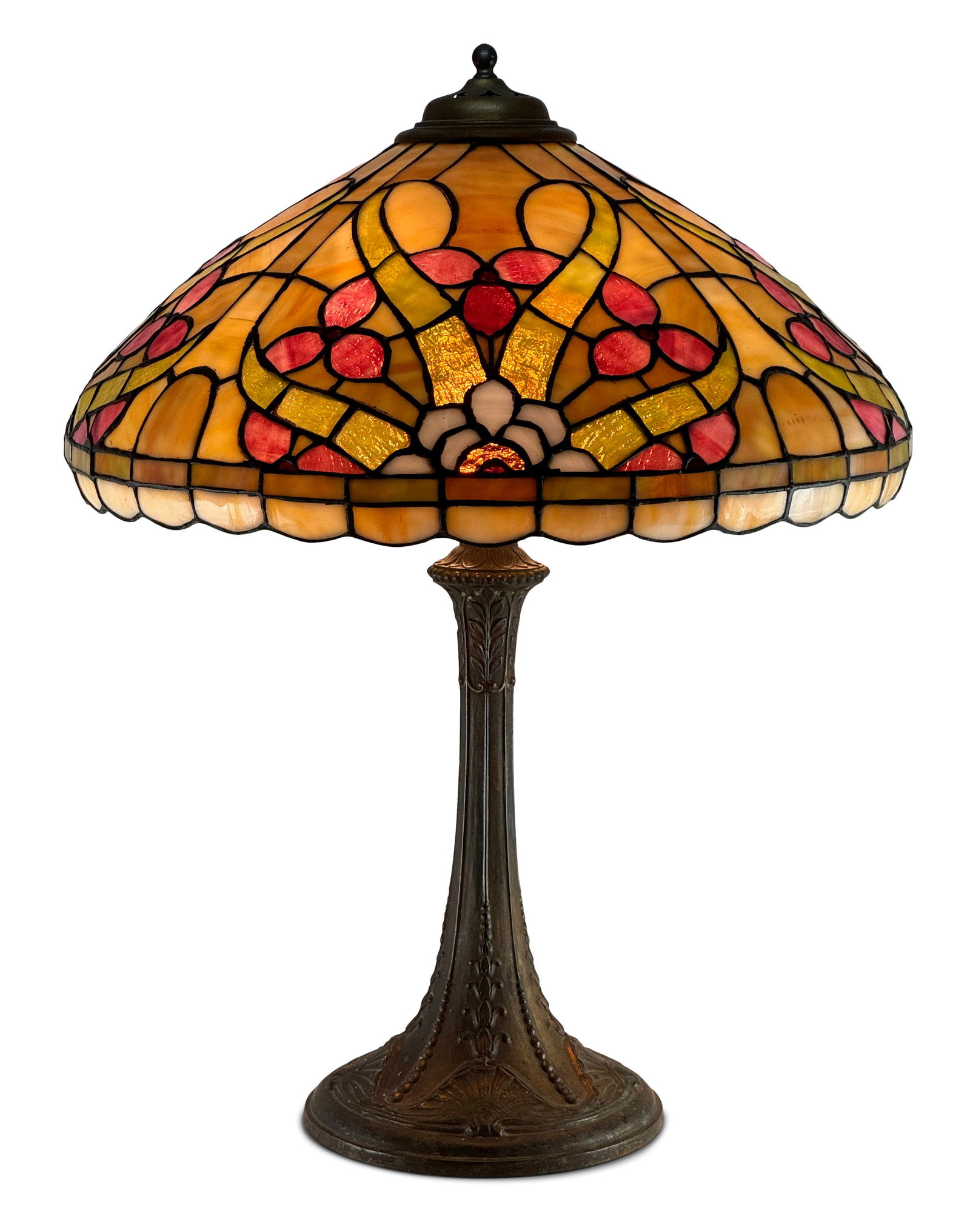 American Leaded Glass & Patinated Metal Floral Table Lamp (1 of 3)