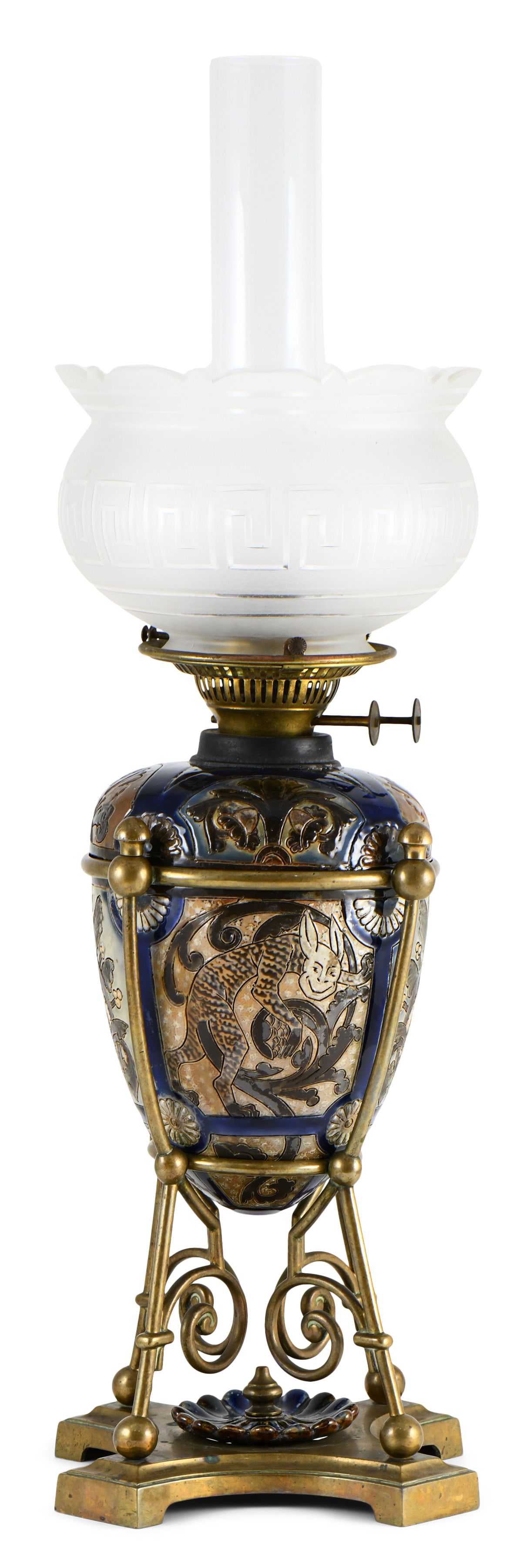 Doulton Lambeth Stoneware and Brass Oil Lamp (1 of 5)