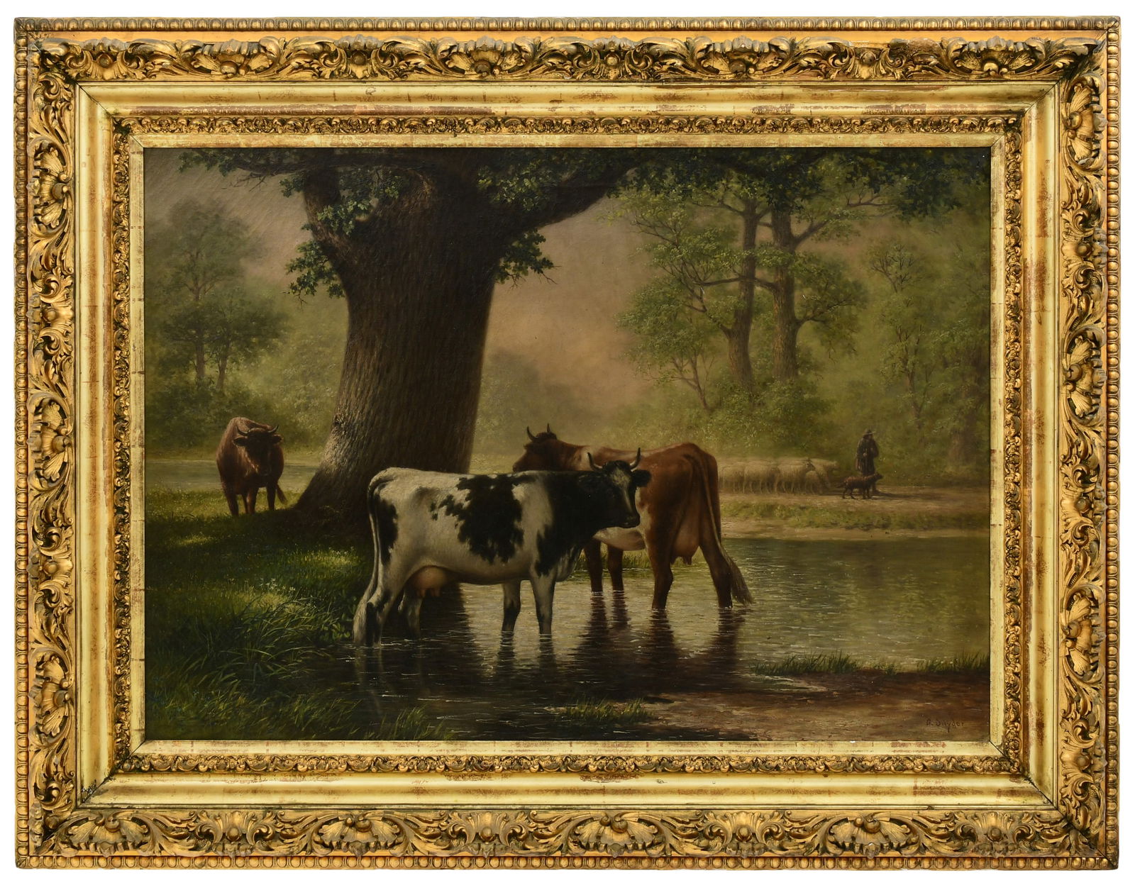 Annie M. Snyder (American, 1852-1927), Cattle at a Watering Hold with a Shepherd and Sheep in the (1 of 3)
