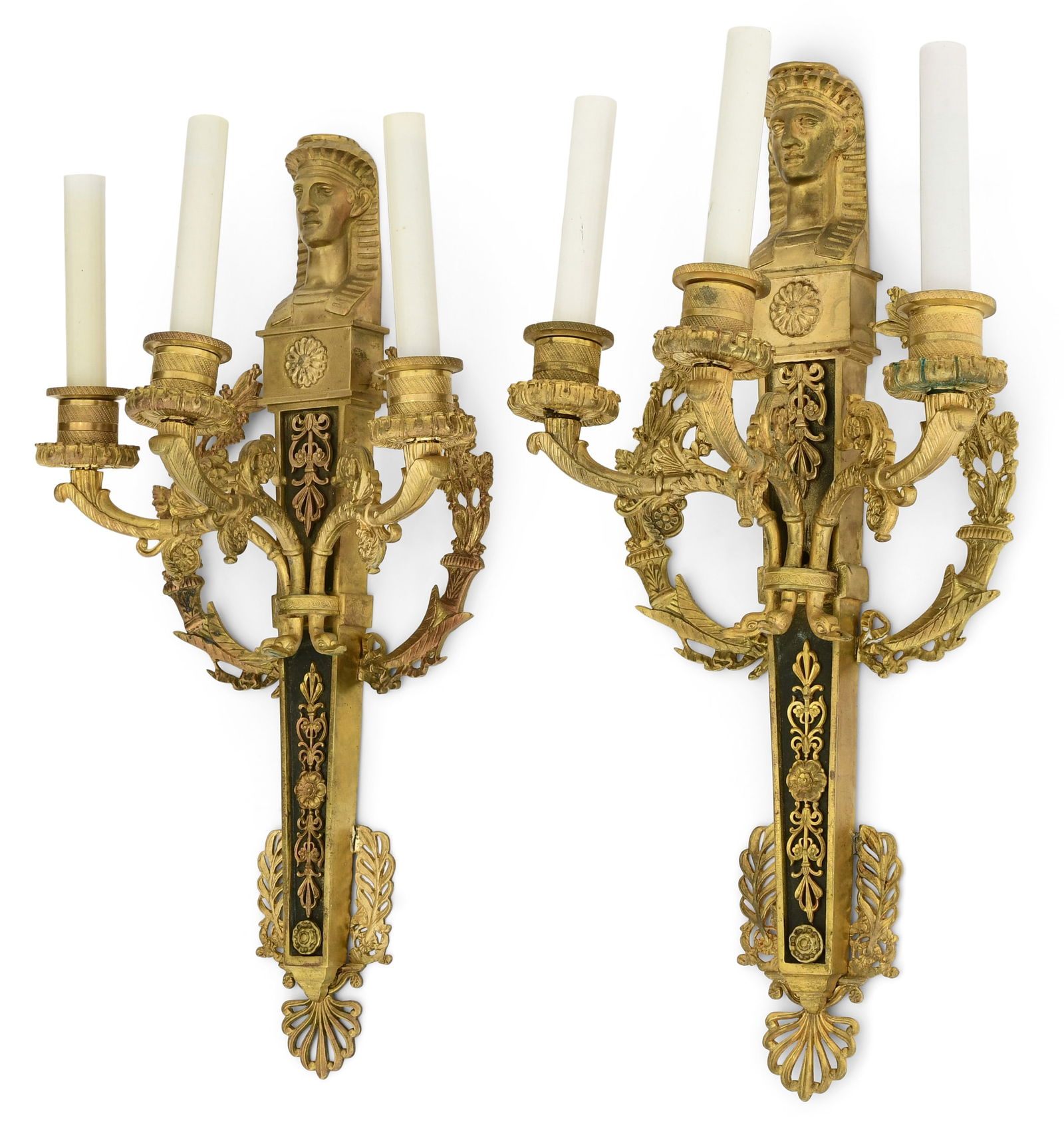 Pair of French Egyptian Revival Gilt Bronze Three-Light Sconces (1 of 5)