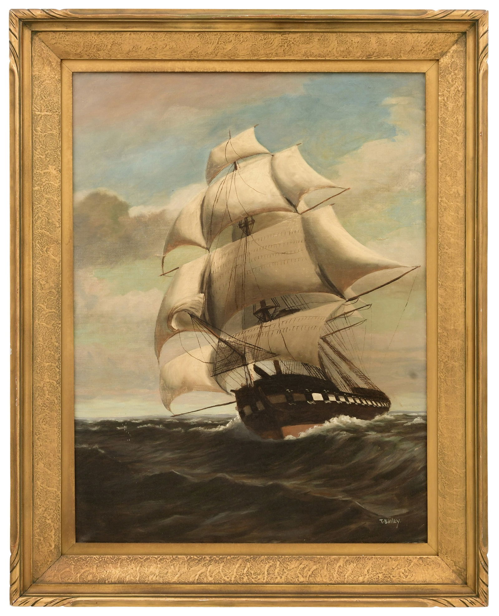 T. Bailey (American, Late 19th/Early 20th Century), A Ship at Full Sail: T. Bailey(American, Late 19th/Early 20th Century)A Ship at Full Sailoil on canvassigned "T. Bailey" (lower right)31 1/2 x 23 1/2 inches (sight)39 1/2 x 31 1/2 inches (frame)Provenance: Private