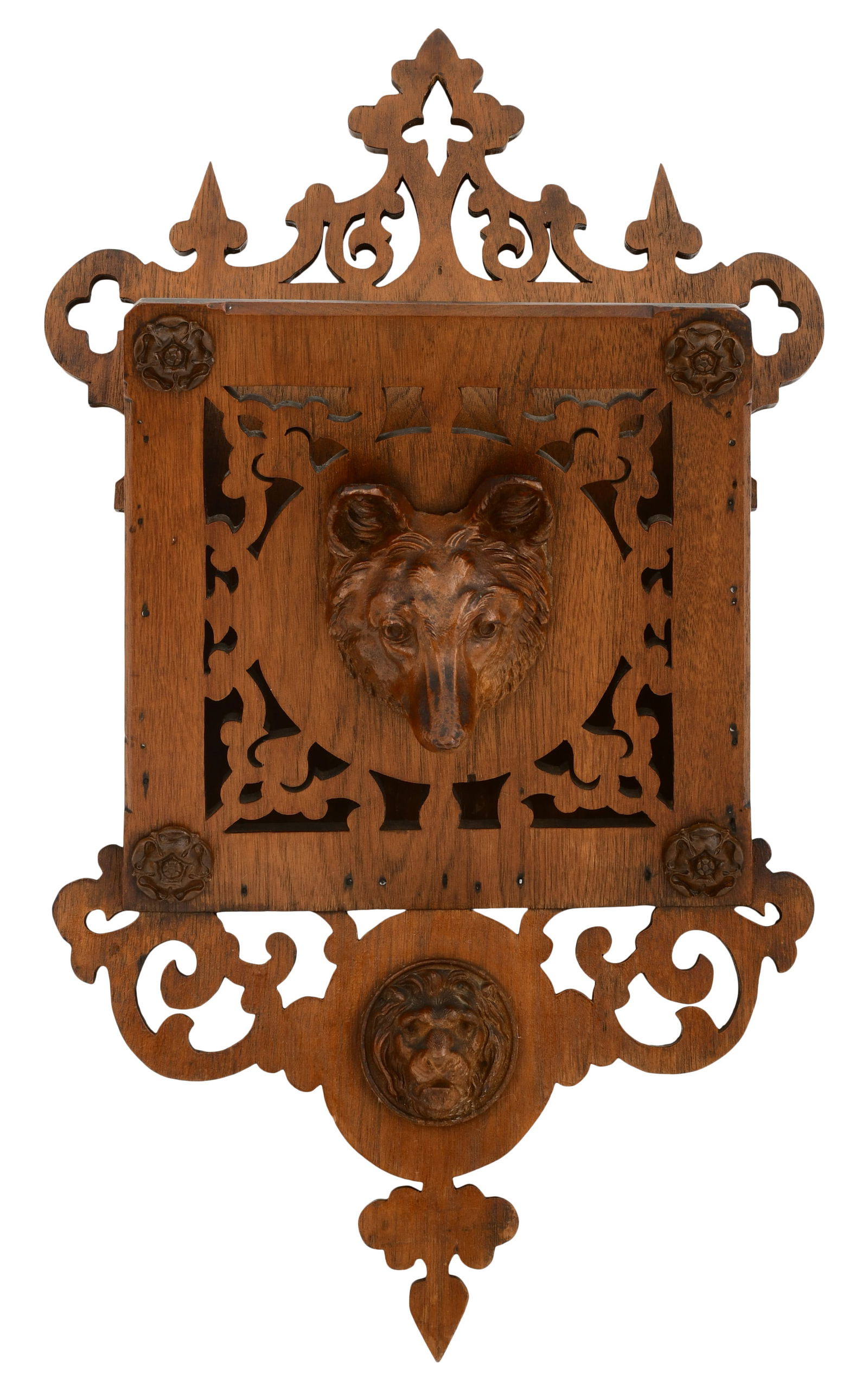 American Open Carved Walnut Magazine Rack with Wolf's Head (1 of 4)