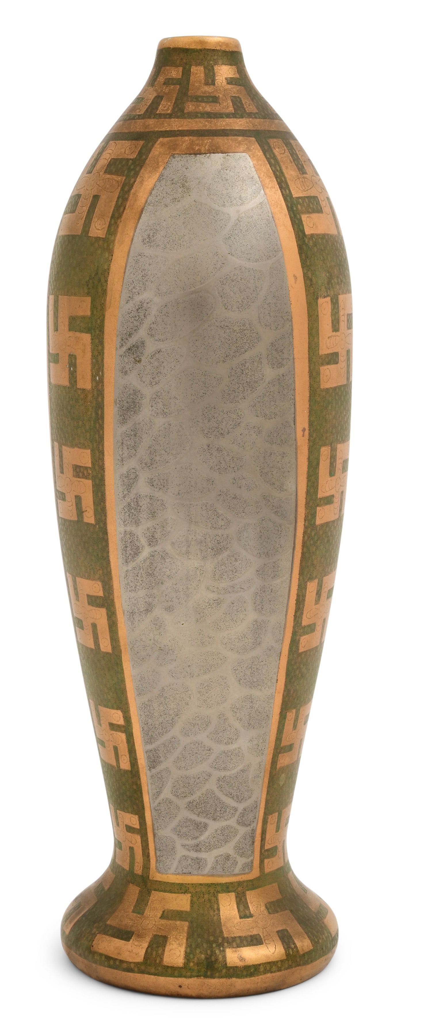 Owen China Company "Swastika Keramos" Vase: Owen China Company (American, 1902-1932) "Swastika Keramos" Vase circa 1906 earthenware marked "Swastika Keramos" 11 3/4 x 3 3/4 inches Provenance: Private Collection, Montclair, New Jersey Othe