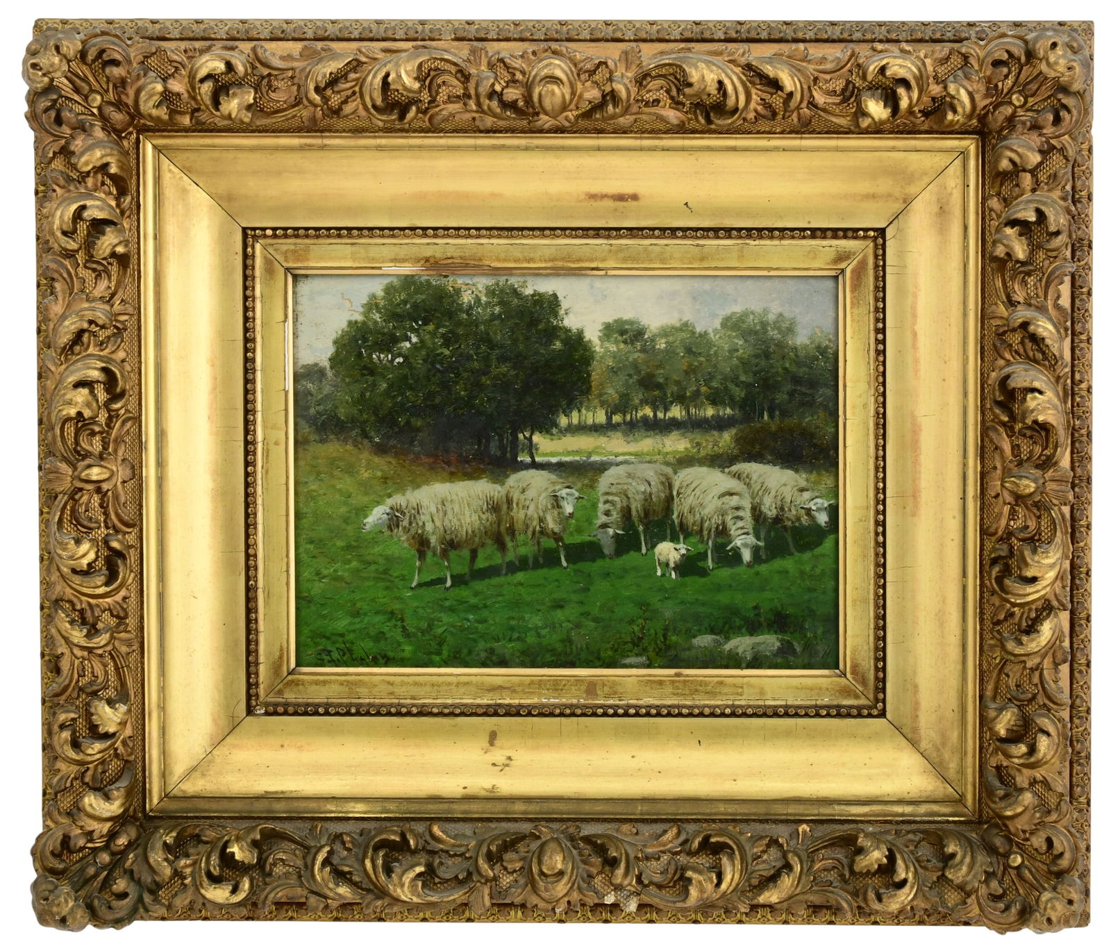 Charles T. Phelan (American, b. 1840), Grazing Sheep: Charles T. Phelan(American, b. 1840)Grazing Sheepoil on canvassigned "C.T. Phelan" (lower left)10 1/2 x 14 1/2 inches (sight)24 x 28 inches (frame)Provenance: Private Collection, Pittsburgh, P