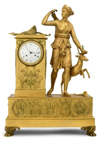A Monumental French Empire Gilt Bronze Mantel Clock with Diana the Huntress