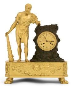 French Empire Gilt & Patinated Bronze Mantel Clock with Hercules