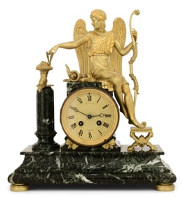 French Empire Gilt Bronze & Marble Mantel Clock with Cupid, Retailed by A. Stowell & Co., Boston