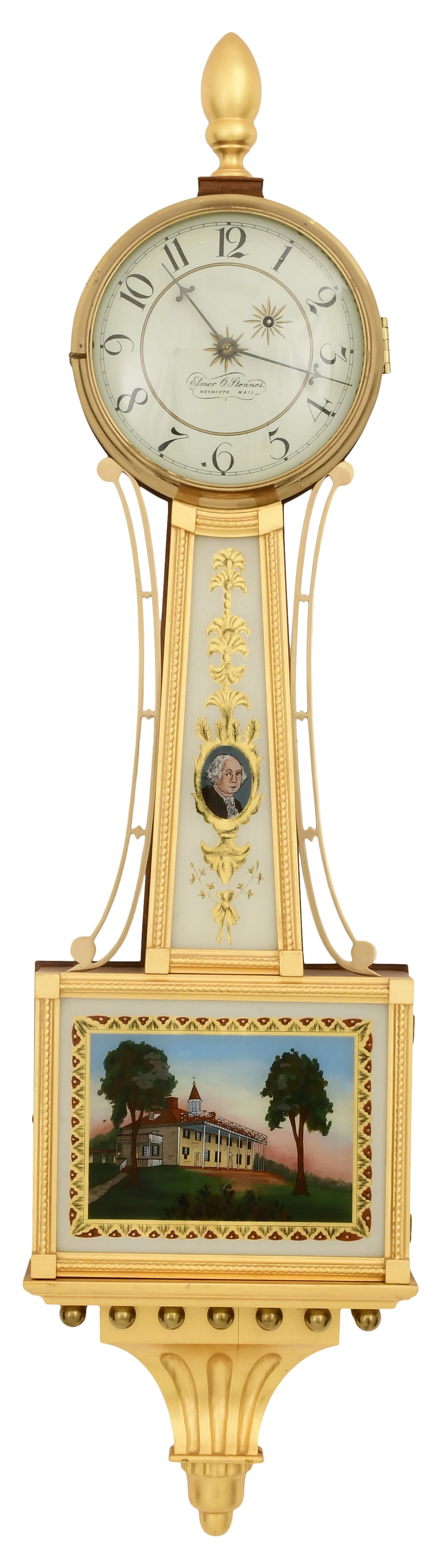Elmer O. Stennes Presentation Banjo Clock, Weymouth, Massachusetts: Elmer O. Stennes Presentation Banjo Clock, Weymouth, Massachusettscirca 1972mahogany case with gilded rope frames, brass 8-day weight-driven movement, movement and dial are signed, case is stamped &qu