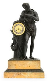 French Charles X Bronze & Siena Marble Figural Clock, Frisarde à Rouen