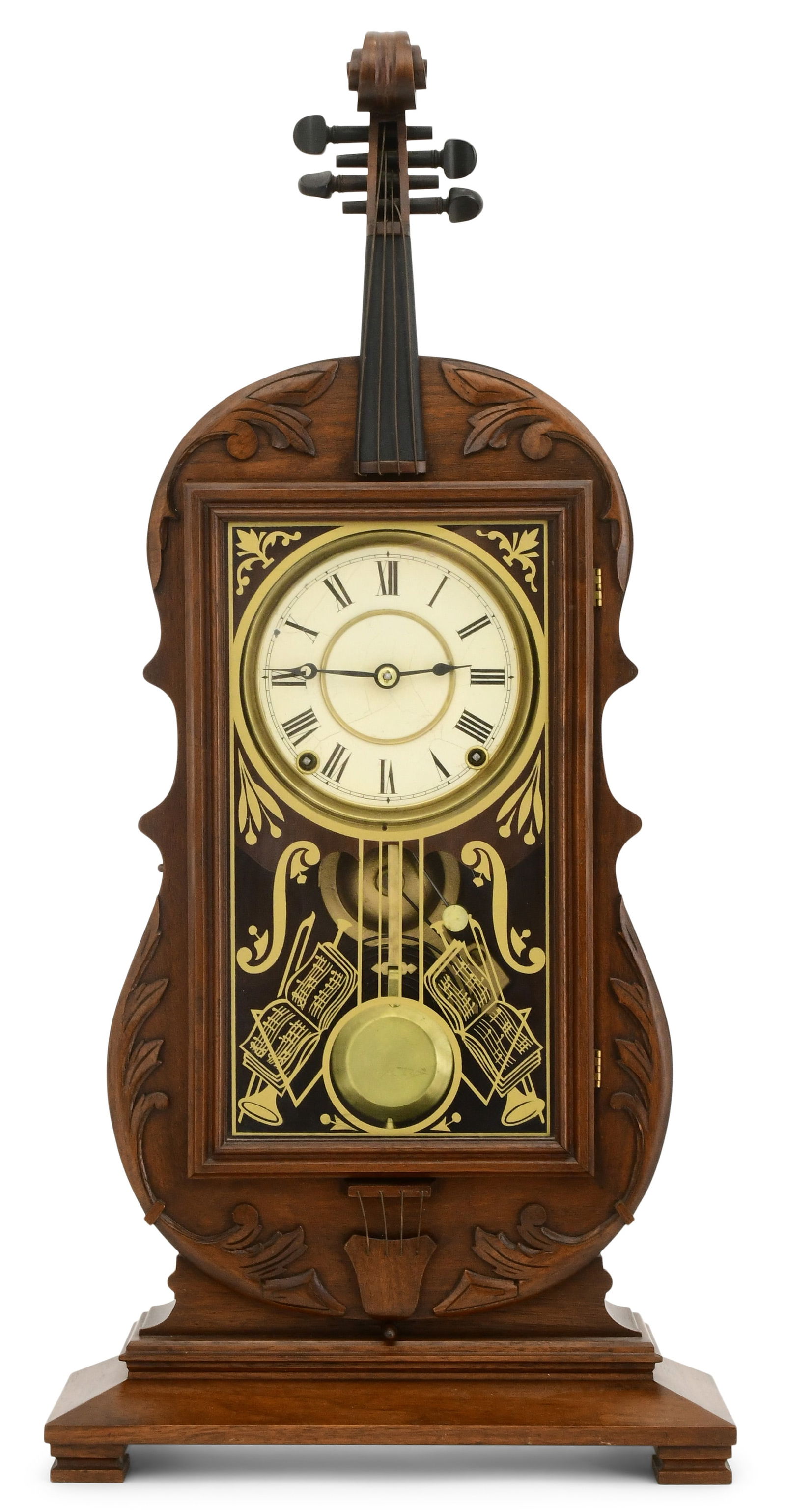 Reproduction Seth Thomas Violin Clock with Period Movement: Reproduction Seth Thomas Violin Clock with Period Movement20th centurymahogany case in the form of a violin, with a period 19th century brass 8-day spring-driven Seth Thomas "Lyre" movement,