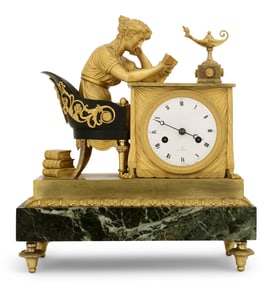 French Empire Bronze & Marble Mantel Clock, "The Reader"