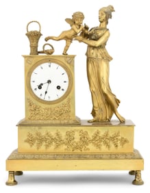 French Empire Gilt Bronze Figural Mantel Clock