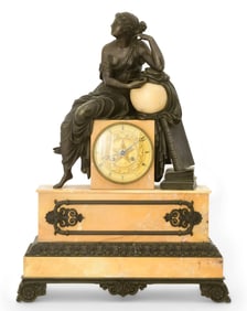 French Empire Bronze & Marble Figural Mantel Clock, Ratel A Paris