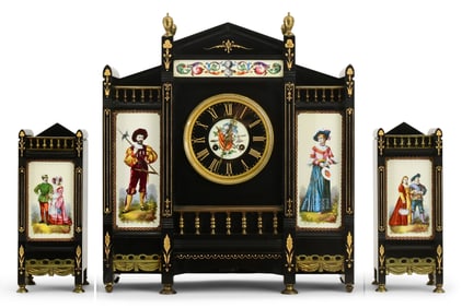 French Slate, Brass & Porcelain Clock Garniture, Palmer Bachelder & Co., Boston