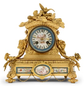 French Gilt Bronze & Porcelain Mantel Clock