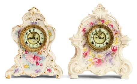Two Ansonia Clock Co. Royal Bonn Porcelain Mantel Clocks