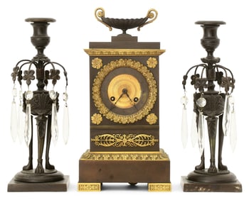 French Bronze Mantel Clock with Pair of Candlesticks