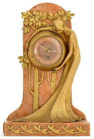 French Art Nouveau Gilt Bronze & Marble Mantel Clock