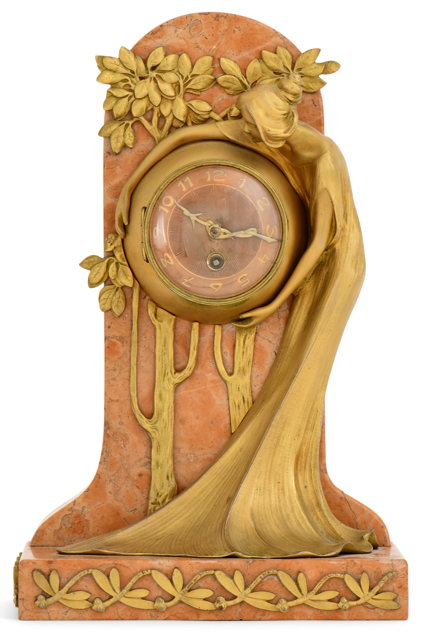 French Art Nouveau Gilt Bronze & Marble Mantel Clock (1 of 7)