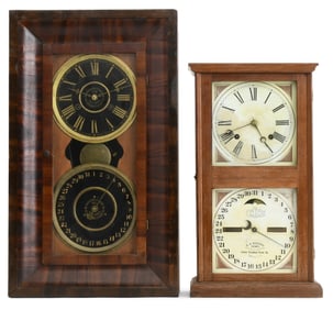 Two American Double Dial Calendar Clocks by Ithaca and National
