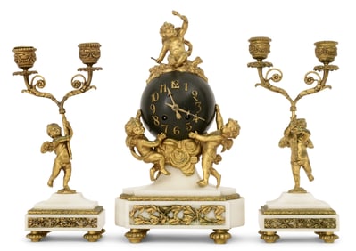 French Gilt Bronze & Marble Figural Clock Garniture
