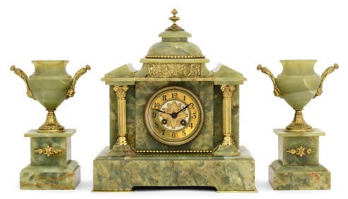 French Green Onyx & Gilt Brass Clock Garniture