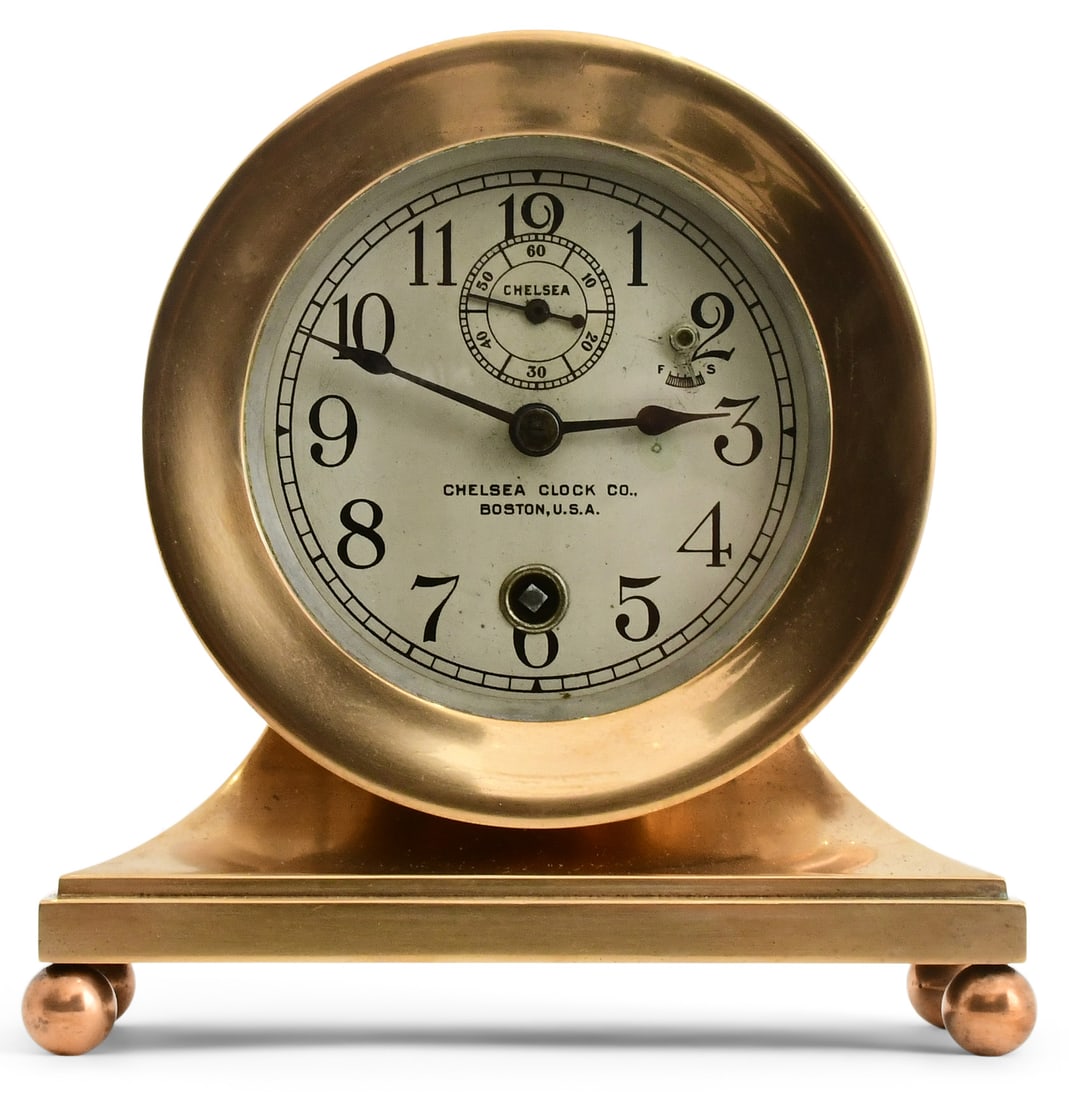 Chelsea Clock Co. "Base & Ball" Desk Clock: Chelsea Clock Co. "Base & Ball" Desk Clockcirca 1920'sbrass case with 3 3/4-inch silvered dial, brass 8-day spring-driven model "E" movement, signed on the dial and movement, seria