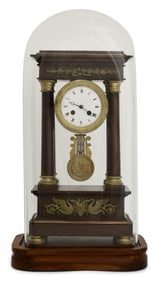 French Gilt Bronze-Mounted Mahogany Portico Clock with Dome