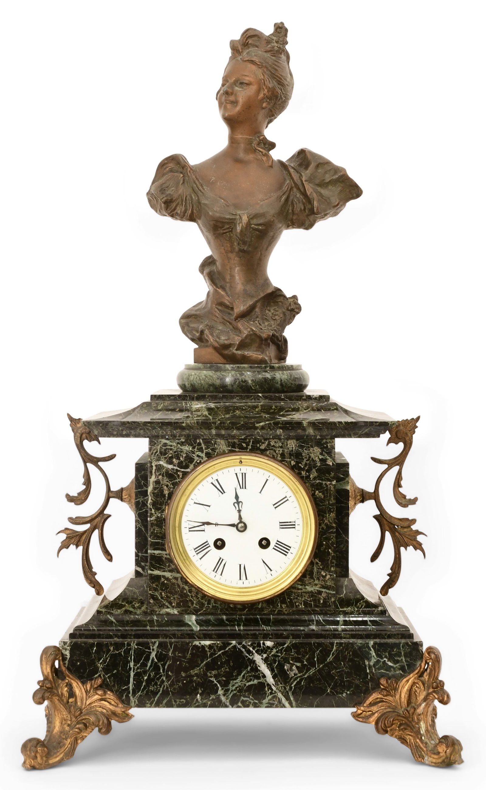 French Patinated Metal & Marble Figural Mantel Clock (1 of 7)