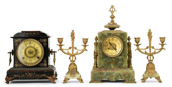 An Ansonia Mantel Clock and a French Clock Garniture
