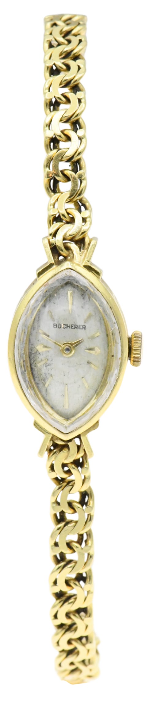 Bucherer 18K Yellow Gold Ladies Wristwatch: Bucherer 18K Yellow Gold Ladies WristwatchCase: 18K yellow goldCase Width: 13mmDial: Silvered, gold applied baton and arrow hour markers,Movement: 17 jewels, Swiss madeDial Marked: Bucherer