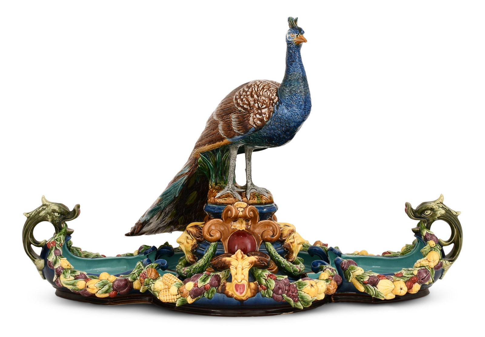An Exceptional Sarreguemines Majolica Peacock Centerpiece (1 of 13)