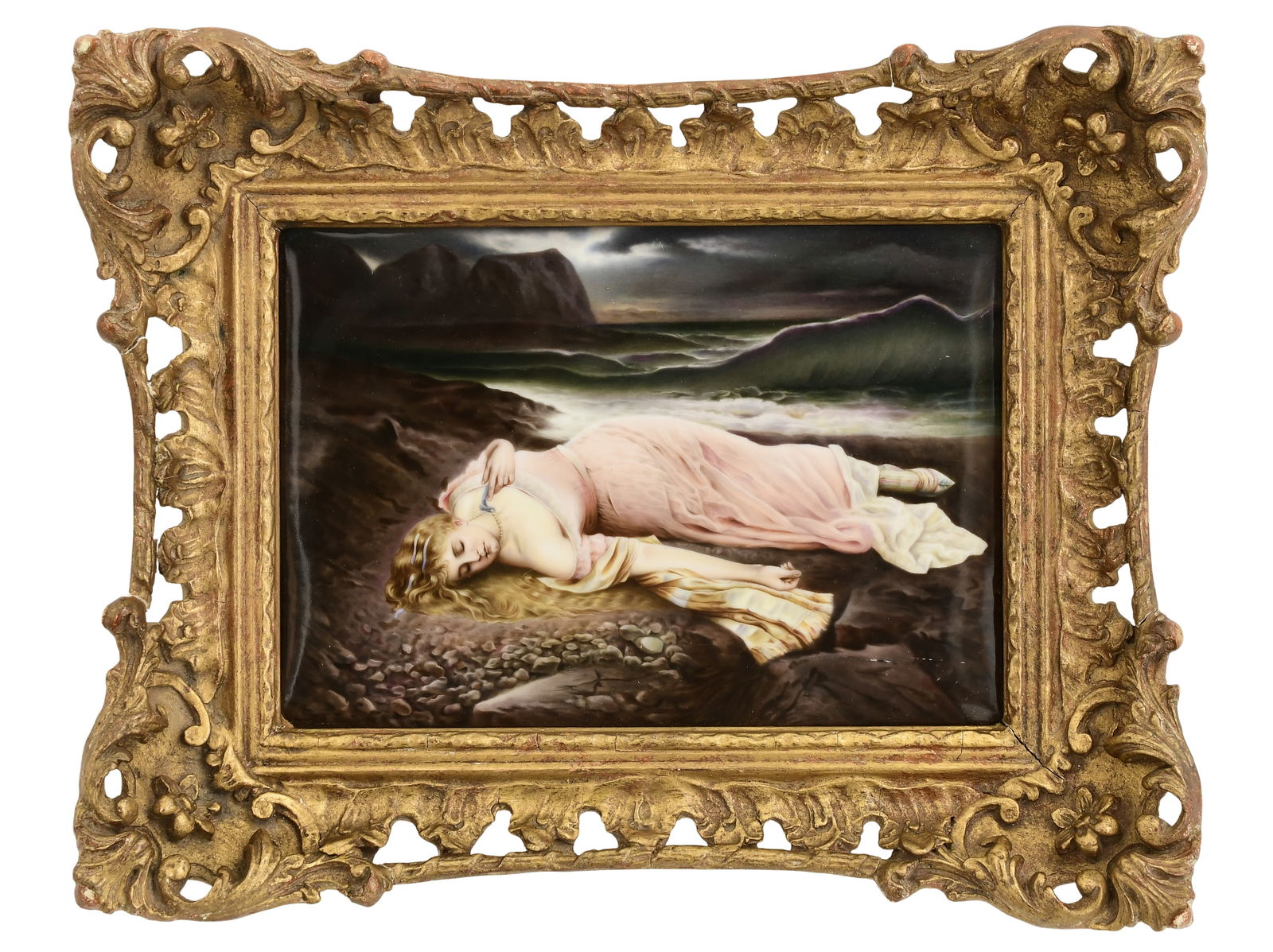 Berlin (K.P.M.) Porcelain Plaque of a Woman: Berlin (K.P.M.) Porcelain Plaque of a Womanlate 19th centurydepicting a young woman laying at the shore with waves in the distance, impressed "K.P.M." with scepter mark10 x 7 inches (plaque)14 1/2 x 1