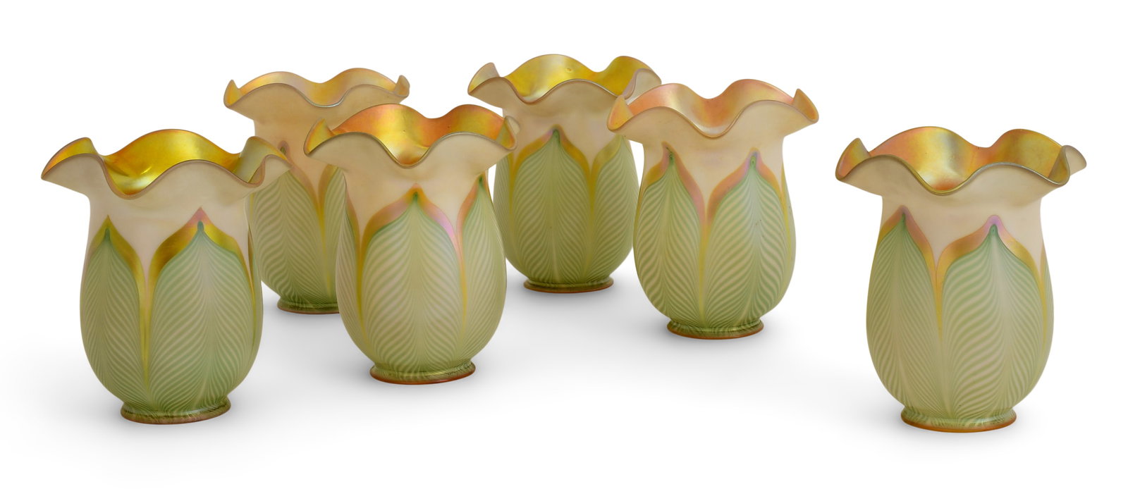 Set of Six Quezal Art Glass "Pulled Feather" Shades (1 of 3)